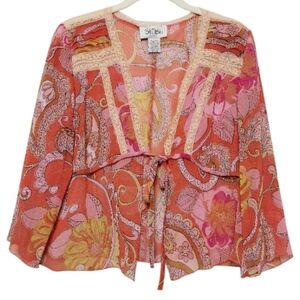 Bob Mackie Paisley  Floral Lace Tie Front Sheer Top